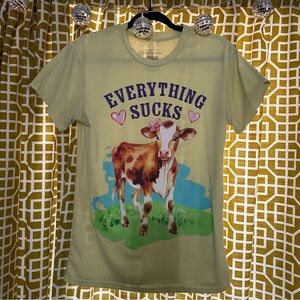 Green Graphic Tee with Cow Print